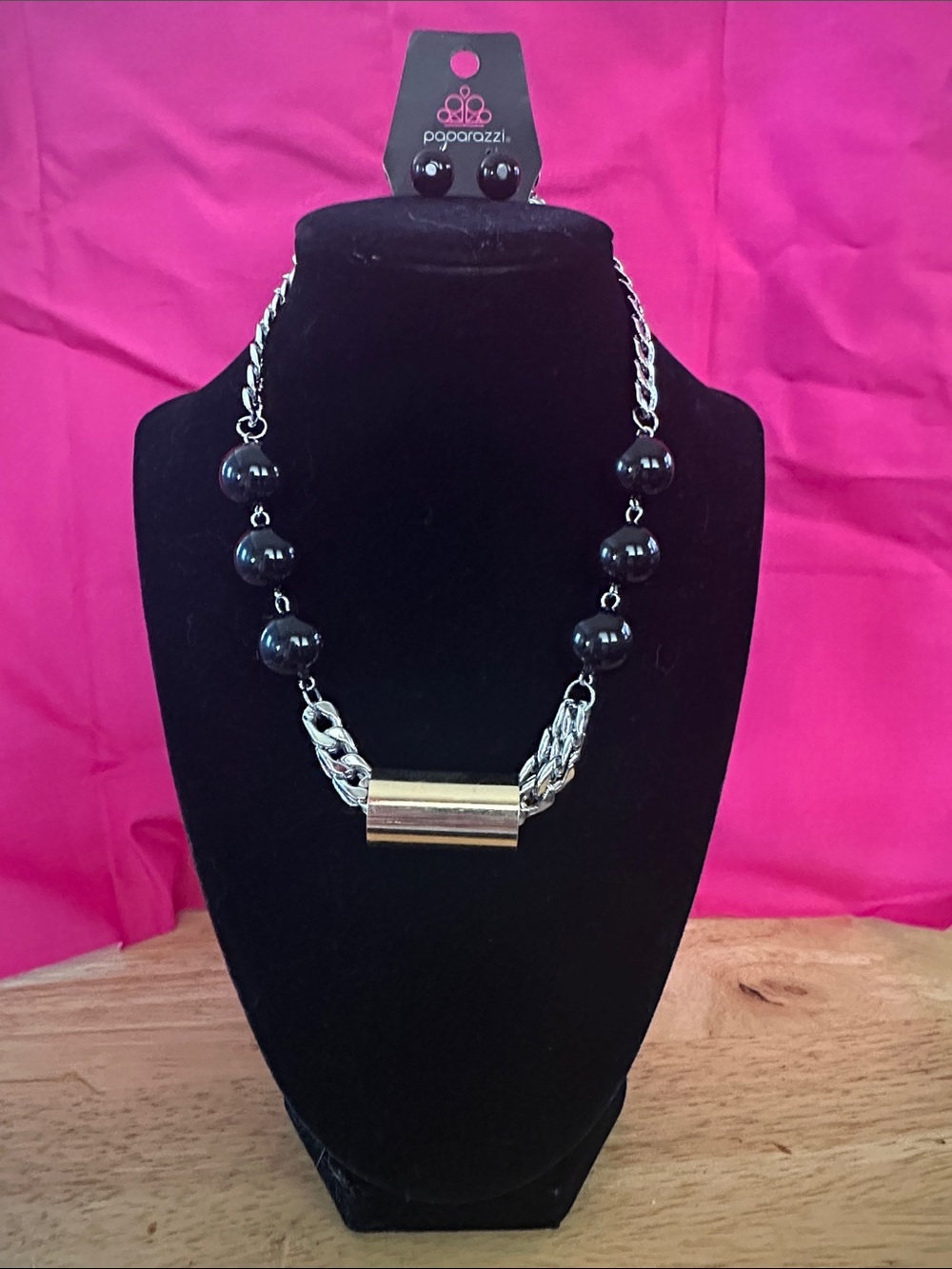Paparazzi Black Bead and Silver Bar Chain Necklace